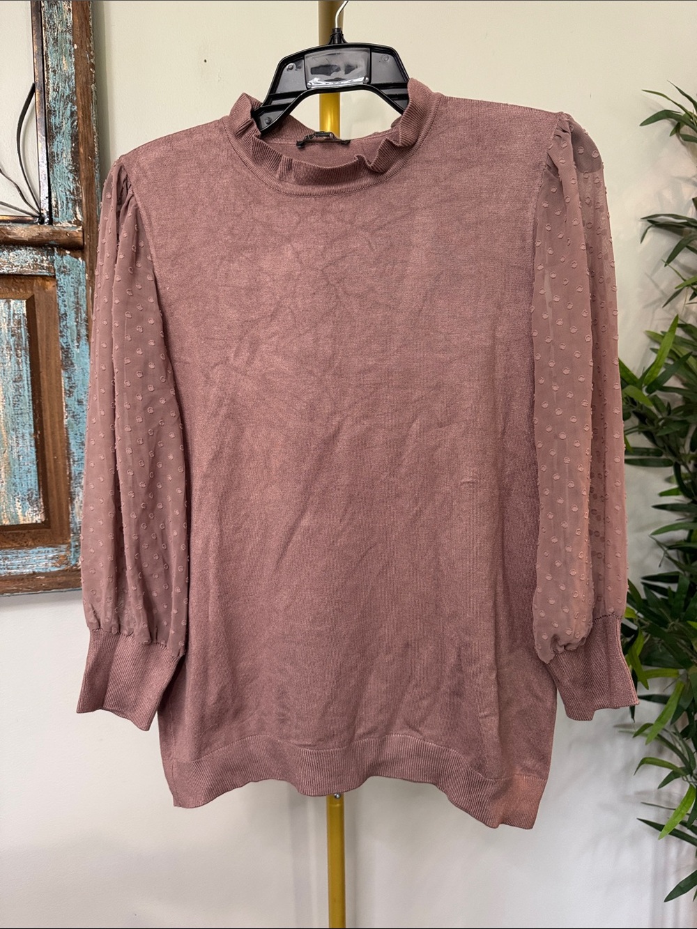 Adrianna Papell Dusty Rose Ruffle Mock-Neck balloon sheer Sleeve Knit polyester